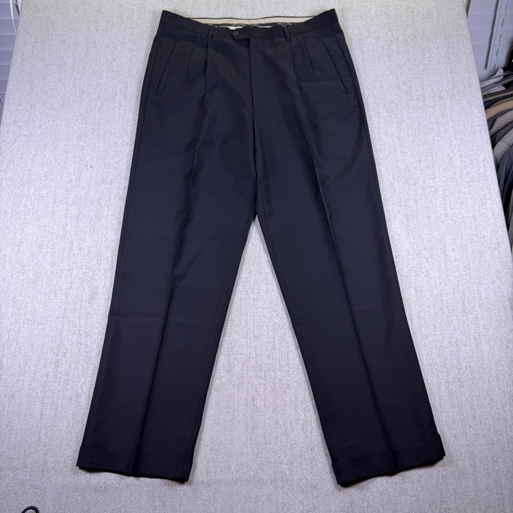 Angelico Dress Pants Mens 38 Black Wool Pleated Cuffed Made in Italy Super 120s